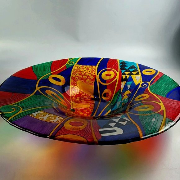 Vintage Abstract Hand-Painted Art Glass Mexican Bowl - 19.5" Diameter